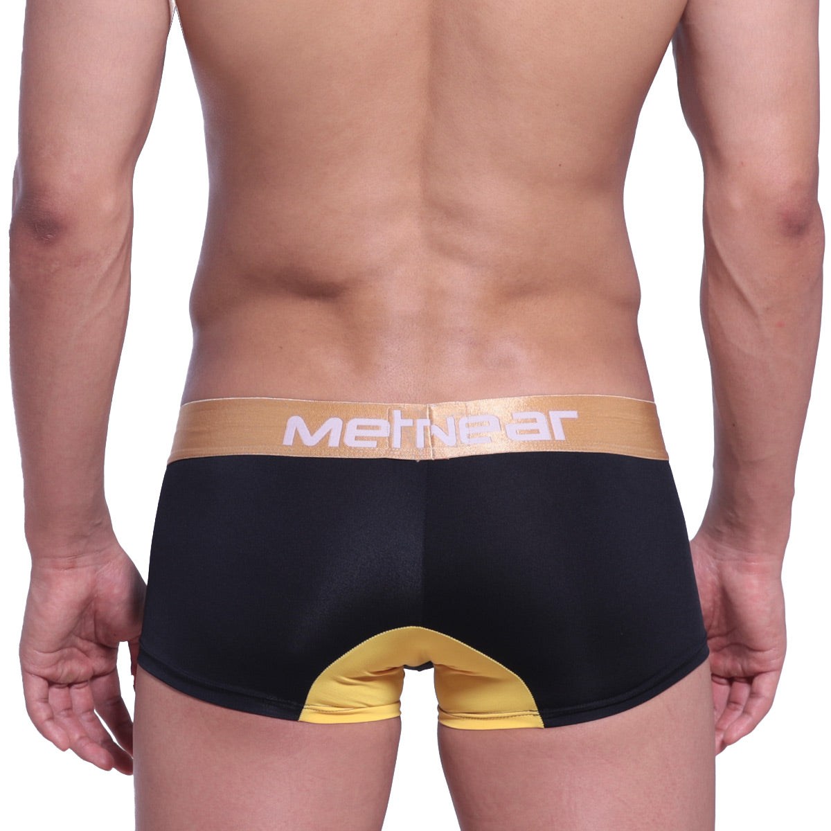 Black and gold metroMalewear goldmine short boxer 7inch 2022-c20 men’s briefs with contrasting yellow back panel