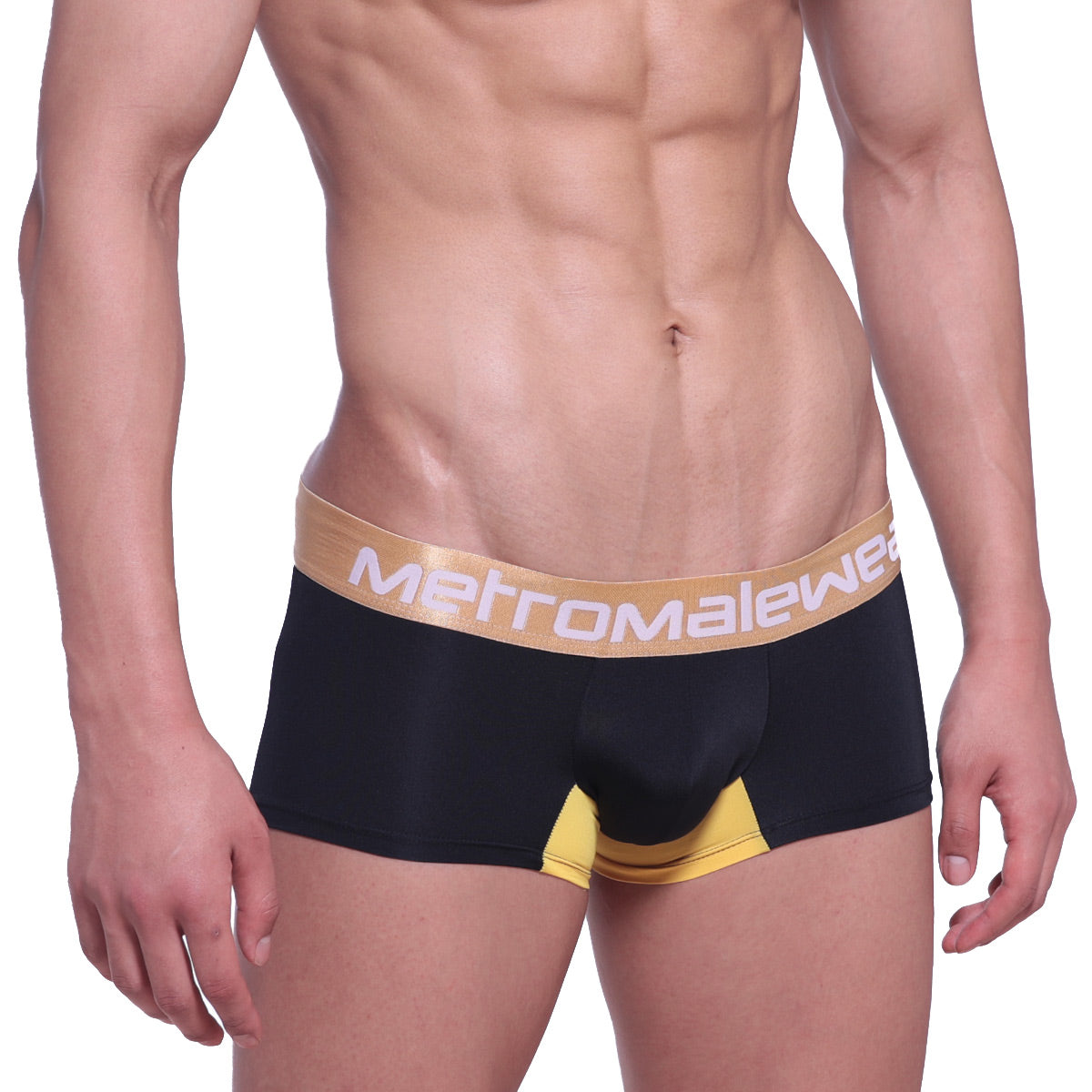 Black men’s briefs with gold waistband and yellow accents on leg openings from metromalewear goldmine short boxer