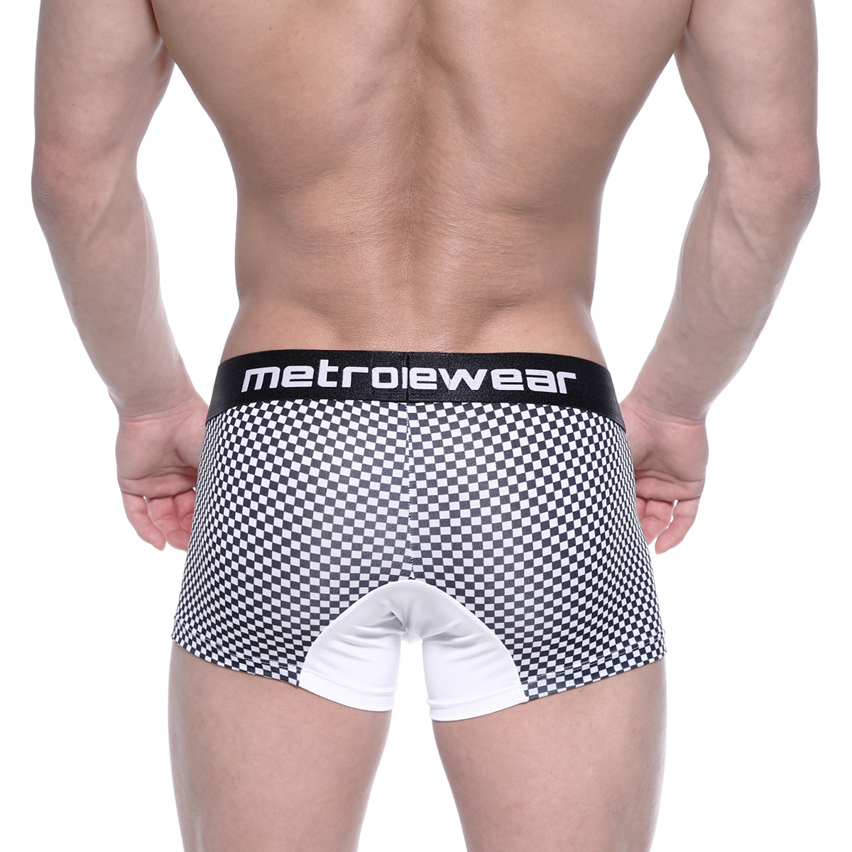 MetroMaleWear mosaic short boxer 7 inch black and white checkered briefs with white crotch panel and metroiewear waistband