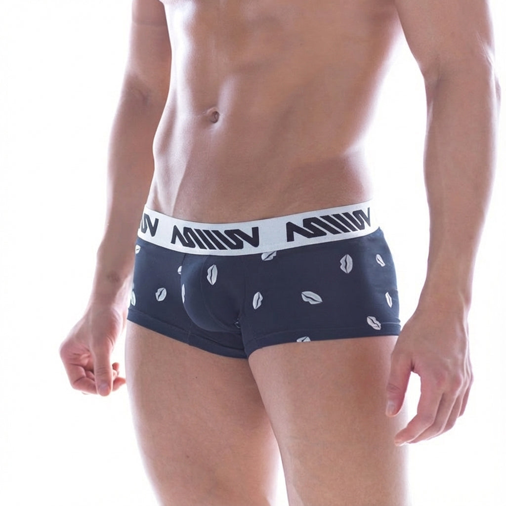 Navy blue metro malewear kiss short boxer briefs with white coffee bean print and white waistband black miiin branding