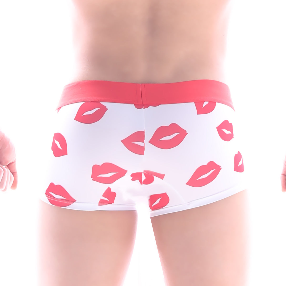 White briefs with pink lipstick print and coral waistband from MetroMaleWear Valentine Short Boxer white 7 inch 2022-37