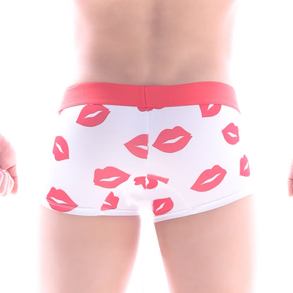 White briefs with pink lipstick print and coral waistband from MetroMaleWear Valentine Short Boxer white 7 inch 2022-37