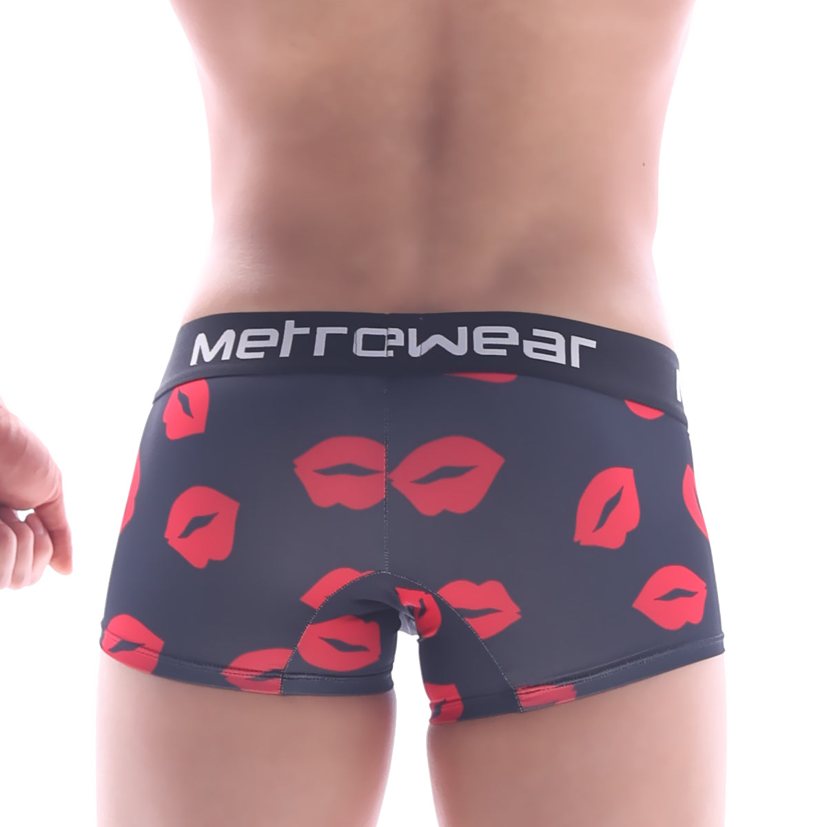 Black briefs with red lipstick print and white metrowear waistband from metromalewear valentine short boxer 7 inch