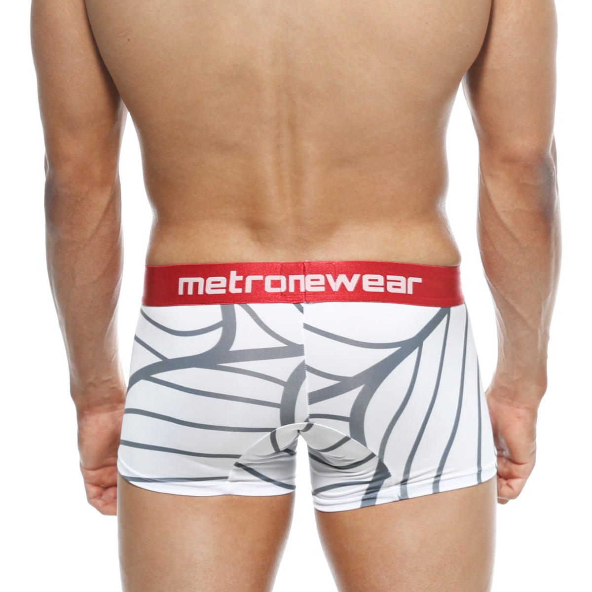 White boxer briefs with gray abstract leaf pattern and red metronewear waistband metro male wear short boxer web 7 2022-40
