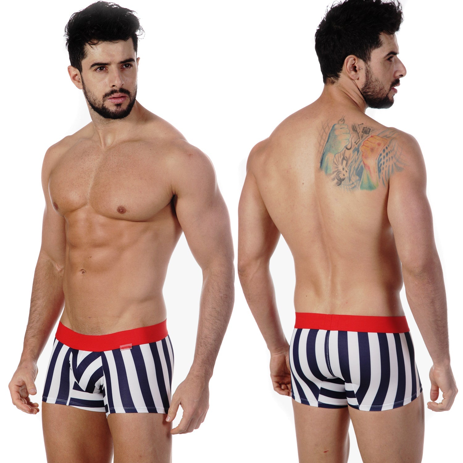 MetroMaleWear short boxer briefs with navy white stripes and red elastic waistband designed for comfort and style