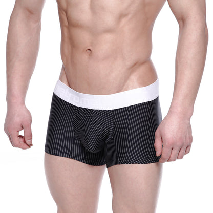 Black pinstripe MetroMaleWear short boxer briefs with white elastic waistband for comfortable daily wear