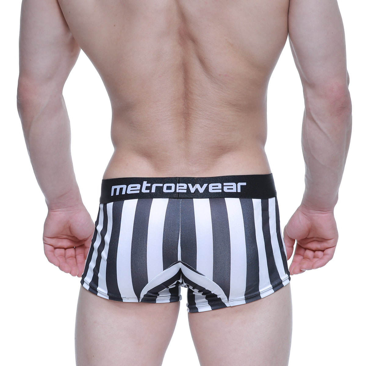 Black and white striped metro2wear men’s briefs with a black waistband from MetroMaleWear short boxer raya 7 2022-51