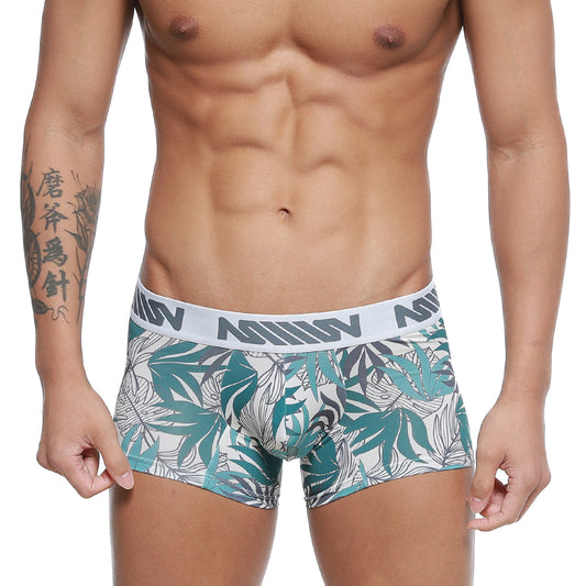 Teal and gray leaf-patterned men’s boxer briefs with white elastic waistband and black branding metroMalewear short boxer meadow 7 2022-56