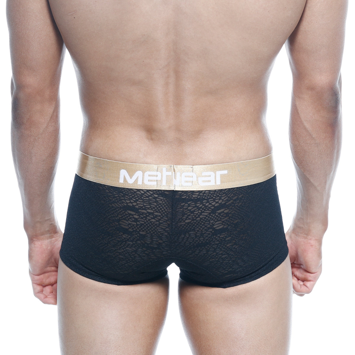 Black lace men’s briefs with a gold waistband featuring meticar branding metroMalewear carve short boxer black