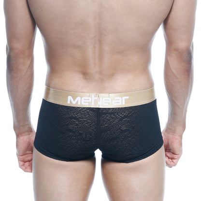 Black lace men’s briefs with a gold waistband featuring meticar branding metroMalewear carve short boxer black