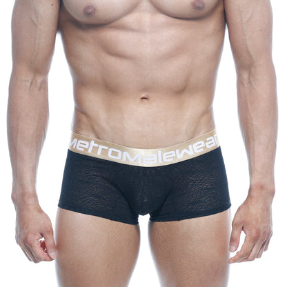 Black lace MetroMaleWear carve short boxer briefs with a gold waistband and 7 inch inseam in black 2022 61