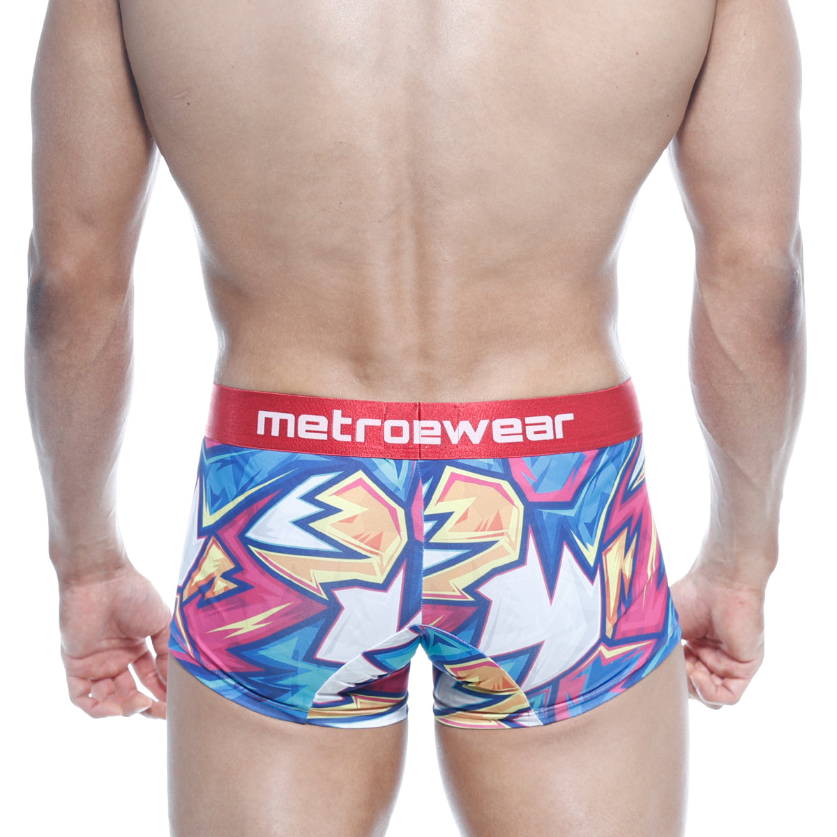 Vibrant graffiti-style metroewear boxer briefs in blue pink yellow with red waistband from metromalewear short boxer atractivo 7 2022-66