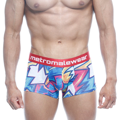 MetroMaleWear short boxer atractivo 7 inch vibrant graffiti print in blue pink white with red logo waistband