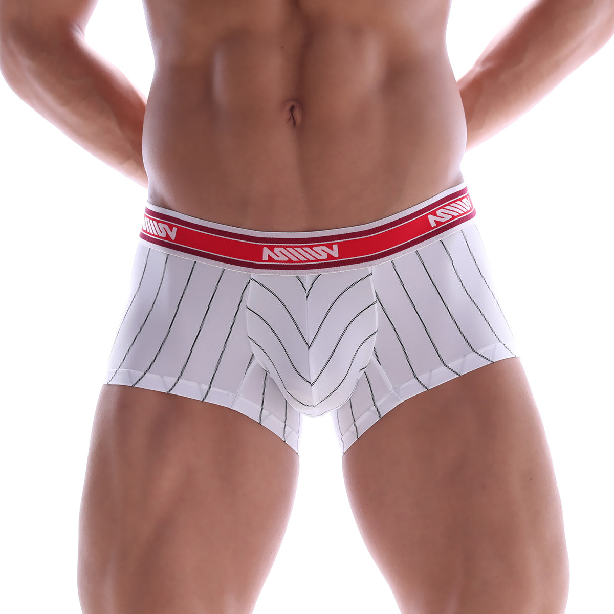 White boxer briefs with black vertical stripes and a red asuv waistband from metromalewear short boxer stripe 7 inch 2022-71