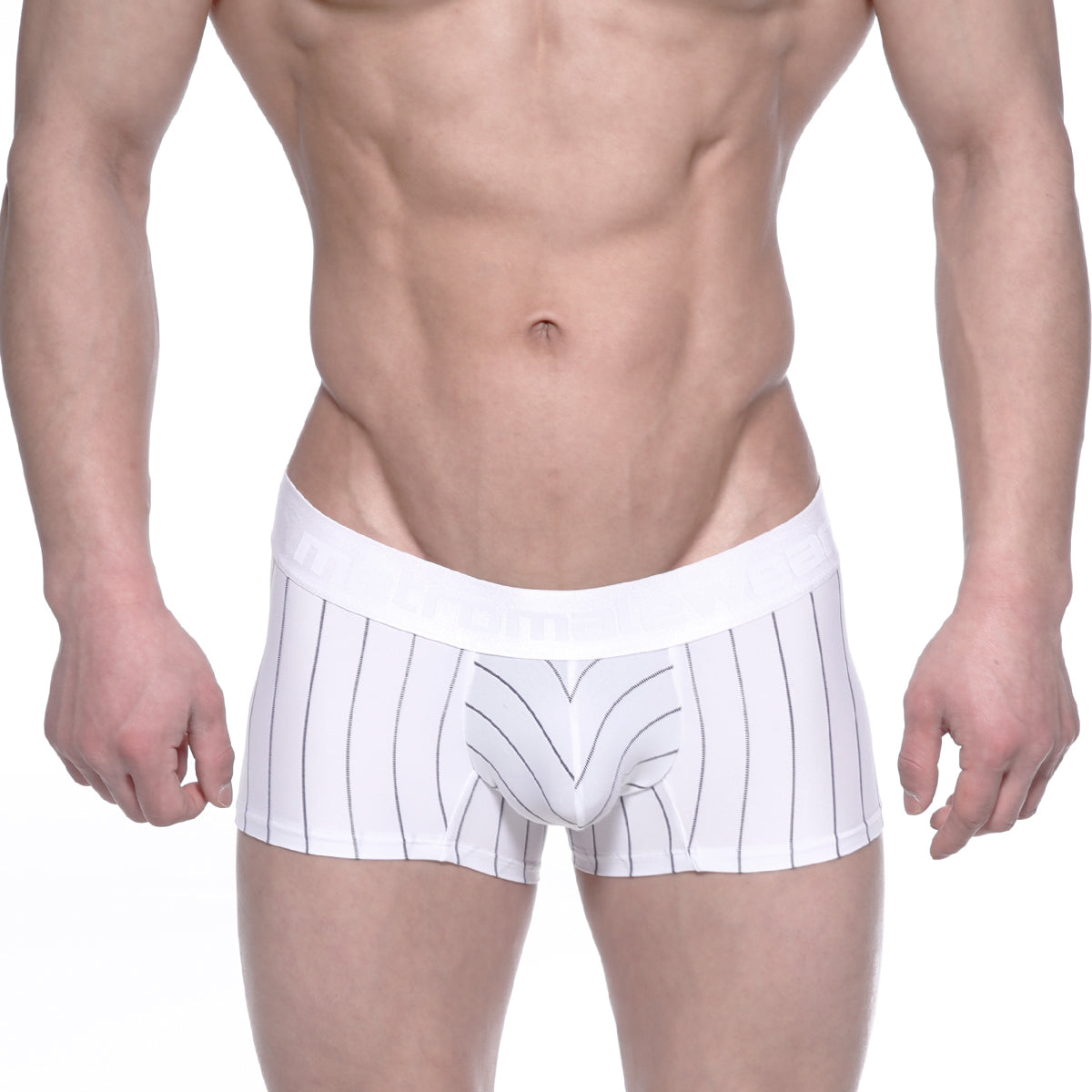 White boxer briefs with thin black vertical stripes and a white elastic waistband metroMaleWear short boxer white stripe 7 2022-72