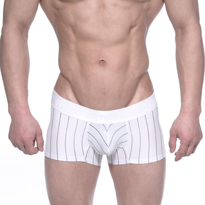 White boxer briefs with thin black vertical stripes and a white elastic waistband metroMaleWear short boxer white stripe 7 2022-72