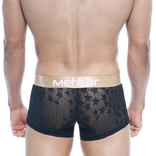 Black lace MetroMaleWear short boxer Estella 7 inch with gold waistband and mehear brand name in white letters