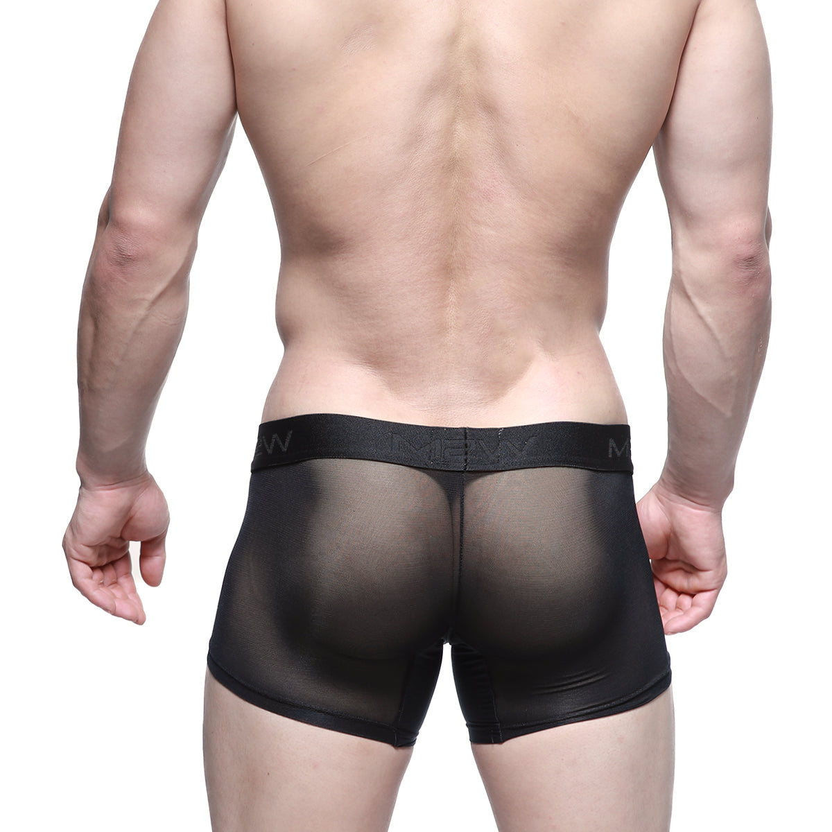 Black sheer mesh boxer briefs with solid black elastic waistband featuring men logo metroMalewear short boxer senda 7 2022-74