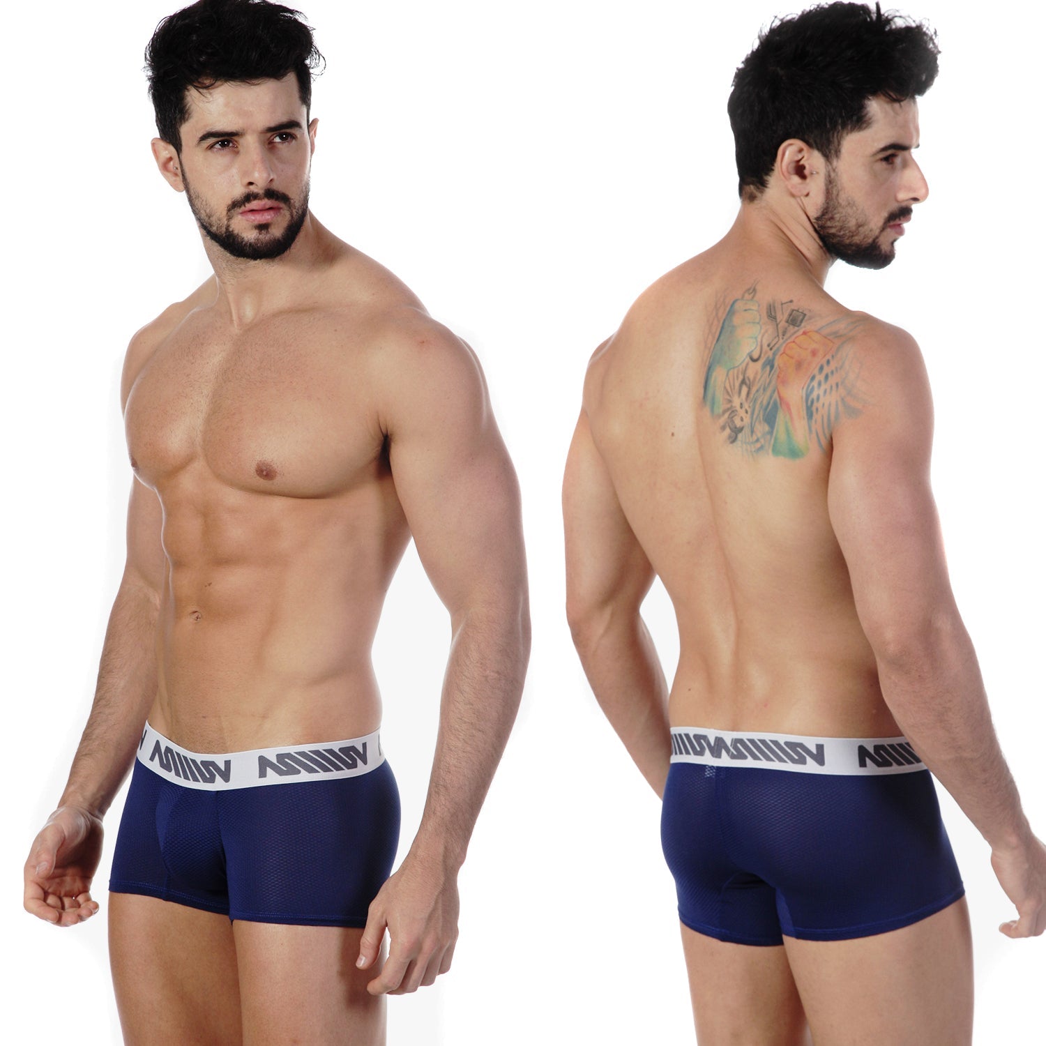 Navy blue mesh MetroMaleWear short boxer briefs with white elastic waistband and black brand lettering Armada 7 inch