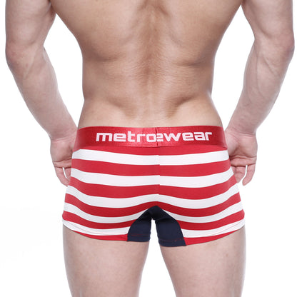 Back view of metro2wear metroMalewear patriot short boxer 7 inch 2022-91 red white striped briefs with navy panel