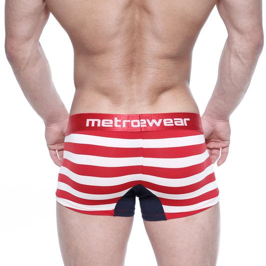 Back view of metro2wear metroMalewear patriot short boxer 7 inch 2022-91 red white striped briefs with navy panel
