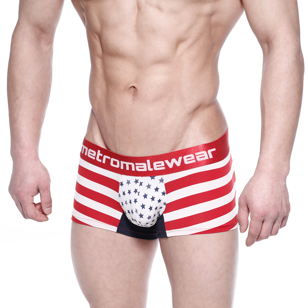 MetroMaleWear patriot short boxer 7inch 2022-91 red white striped briefs with star pouch and logo waistband