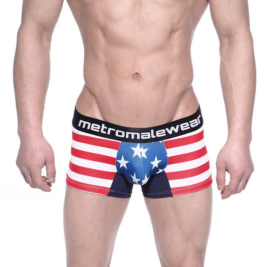 Metro male wear short boxer avengers 7 red white and blue american flag boxer briefs with black branded waistband