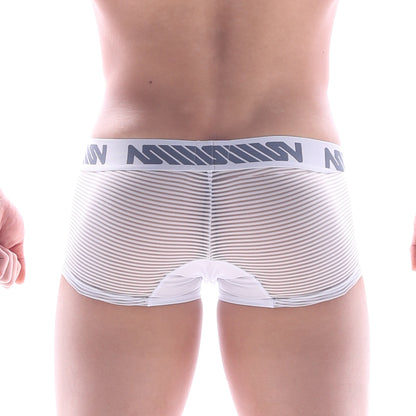 White mesh brief boxer with gray white striped waistband featuring the mission logo metroMalewear bar short 7 inch