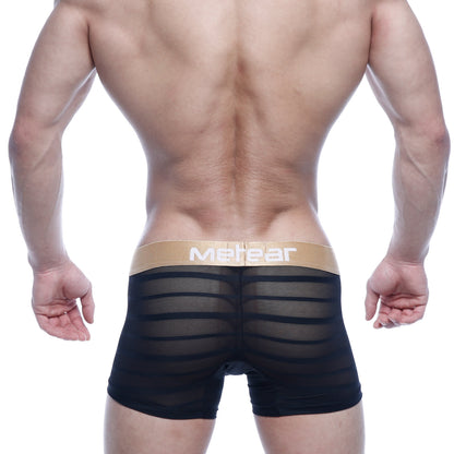 Black mesh metro male wear prism short boxer briefs with tan waistband and merear branding in white lettering
