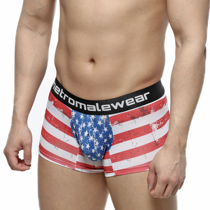 MetroMalewear short boxer batalla 7 inch American flag themed men’s boxer briefs with distressed design and black waistband