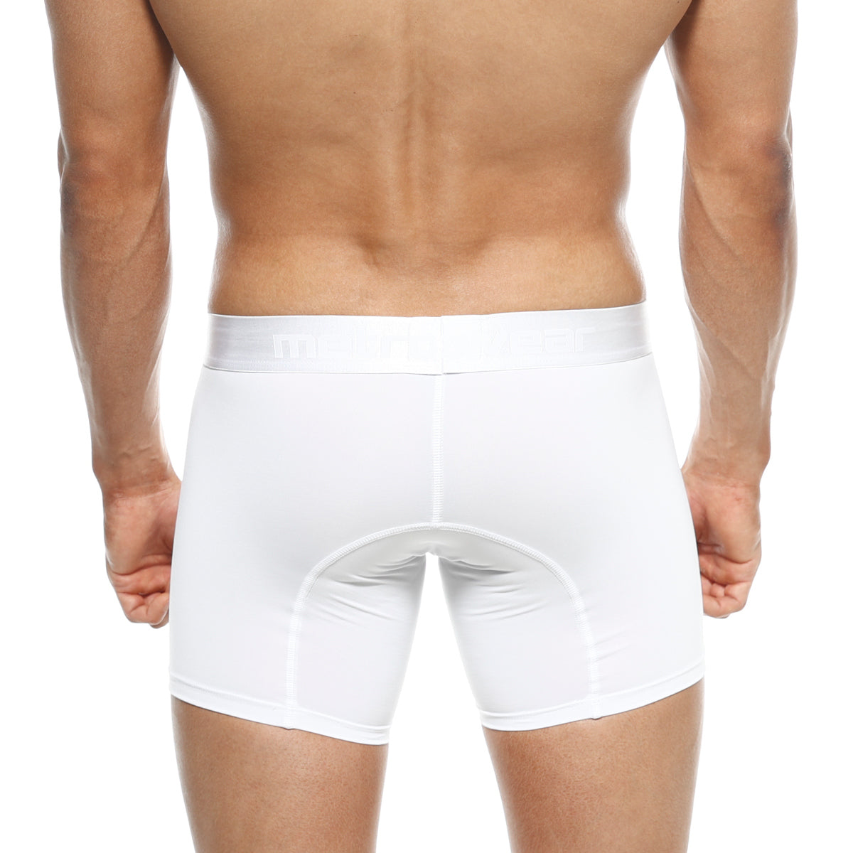 White men’s snug fit boxer briefs in polyester with reinforced seams from MetroMaleWear mid boxer crystal 10 inch 2023-01