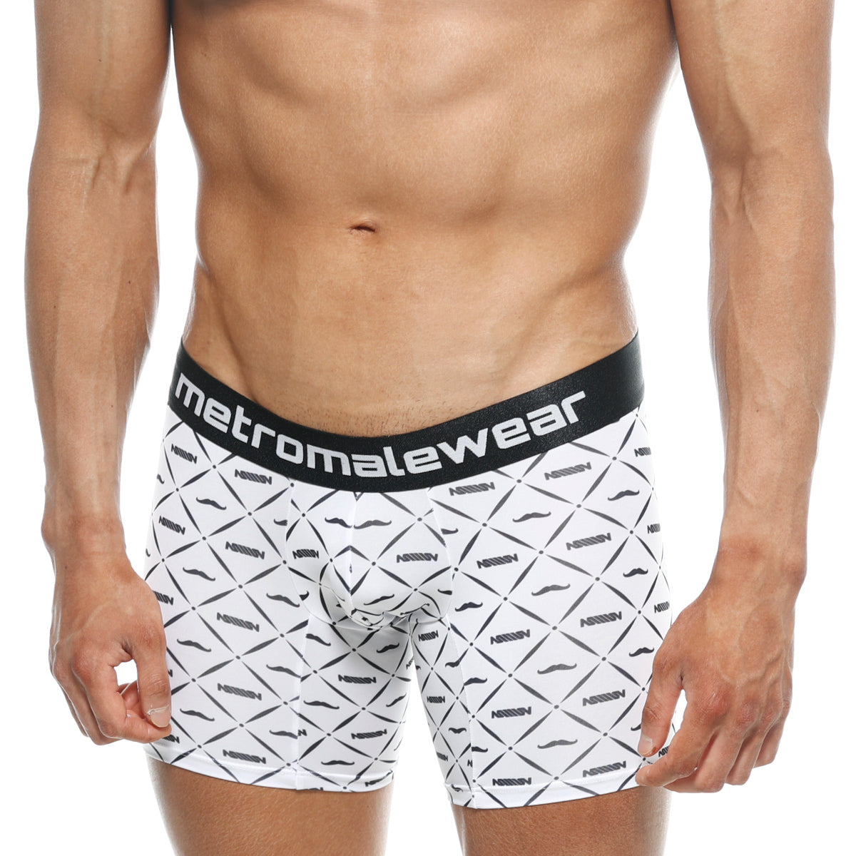 White mens boxer briefs with black mustache pattern and black metromalewear waistband metro male wear mid boxer caballero 10 2023 03