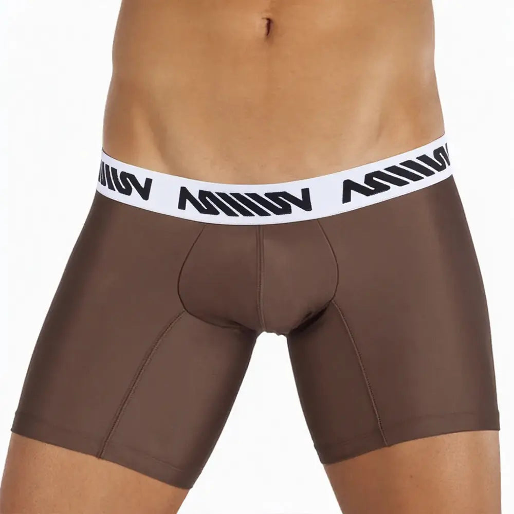 Chocolate brown microfiber mid boxer shorts with a white branded waistband shown on a model's lower body