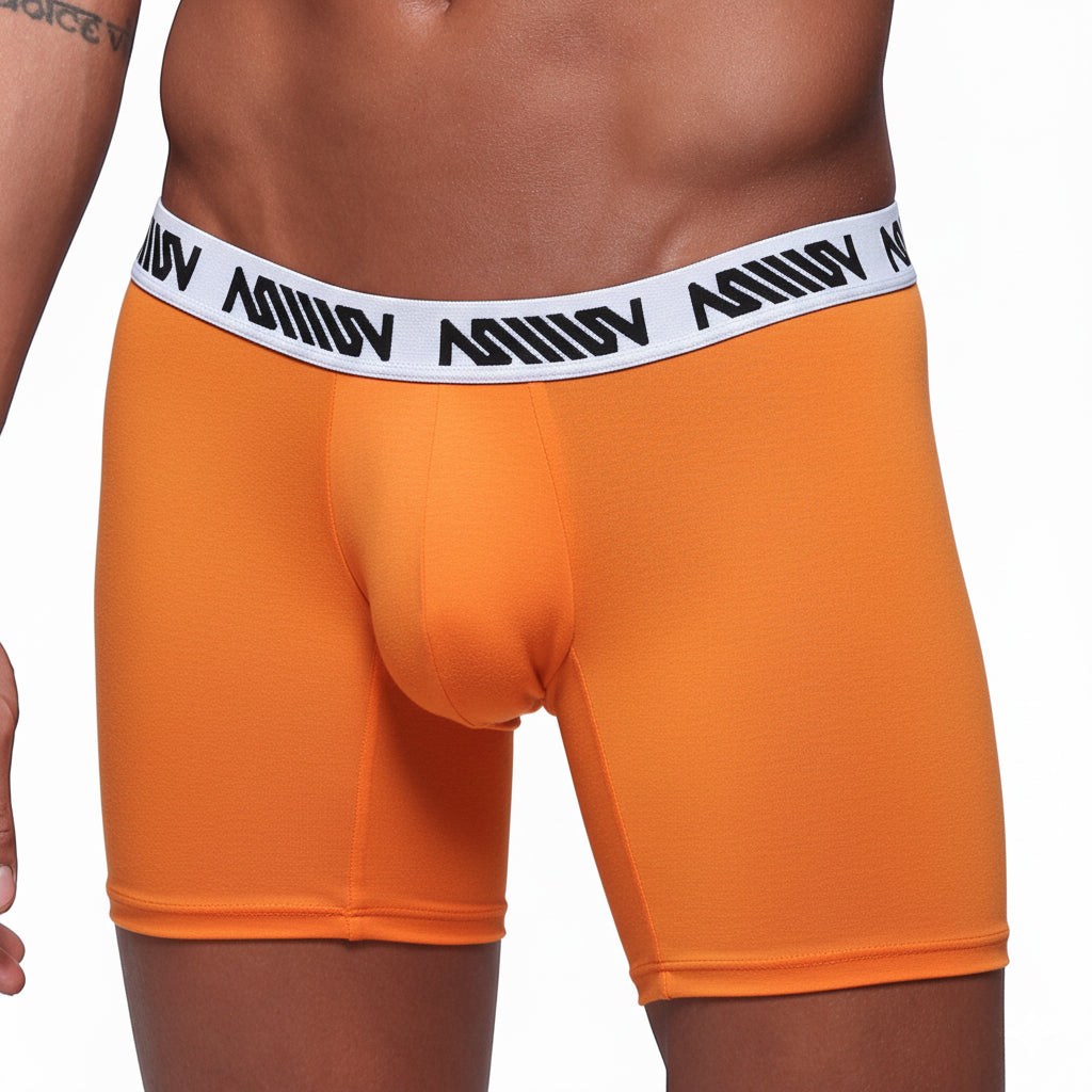 Orange metro malewear microfiber mid boxer briefs with 10 inch inseam and white elastic waistband branded miliv