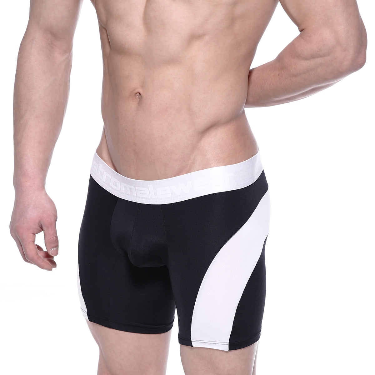 Black and white polyester mid boxer briefs with bold diagonal stripes sleek modern design metro malewear arc 10 inch
