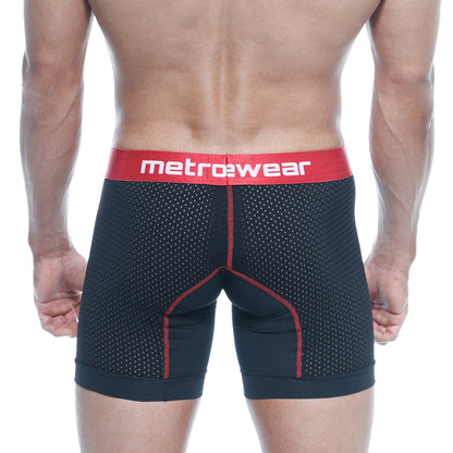 Metro male wear performance black mesh boxer briefs with red trim and bold metrowear logo waistband 2023-p20
