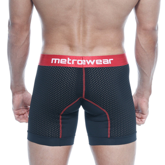Metro male wear performance black mesh boxer briefs with red trim and bold metrowear logo waistband 2023-p20