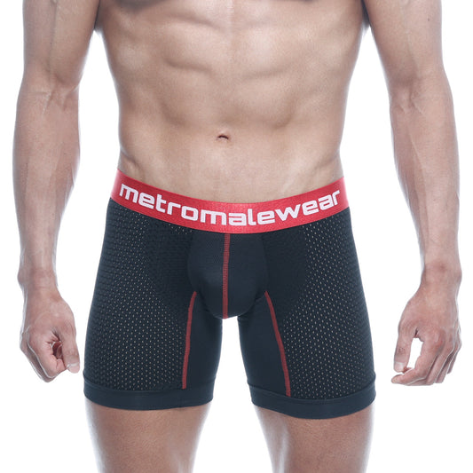 Black mesh metroMalewear performance boxer briefs with red trim and bold red logo waistband 2023-P20