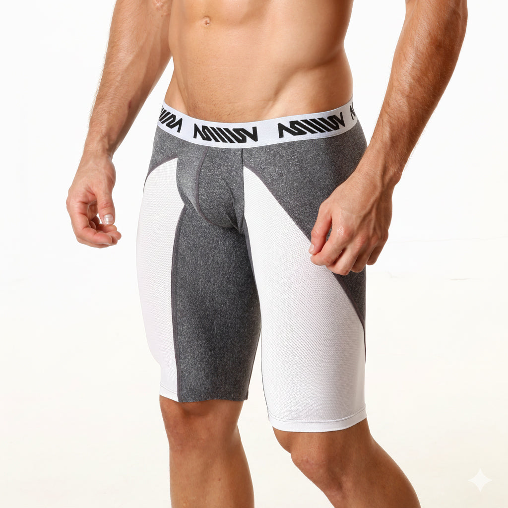 Gray and white metro male wear mesh long shorts with textured fabric and branded waistband 15 inch length