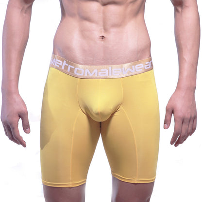 Yellow men’s compression briefs with light beige waistband and metromale wear logo metro malewear goldmine long short 15inch