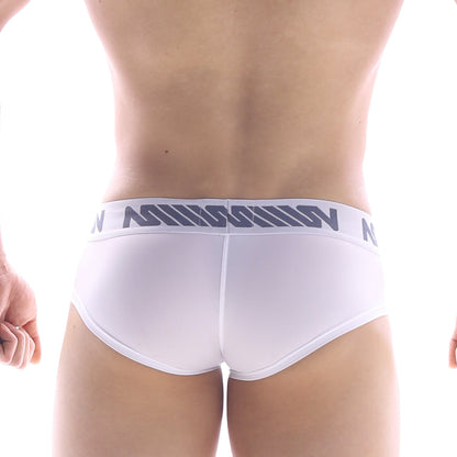 White mini cheek boxer briefs with gray logo waistband by metromalewear designed for comfort and style