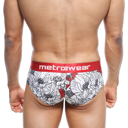 White and red floral patterned men’s mini cheek boxer briefs with bold red metrewear waistband metro malewear escobar 2025-03