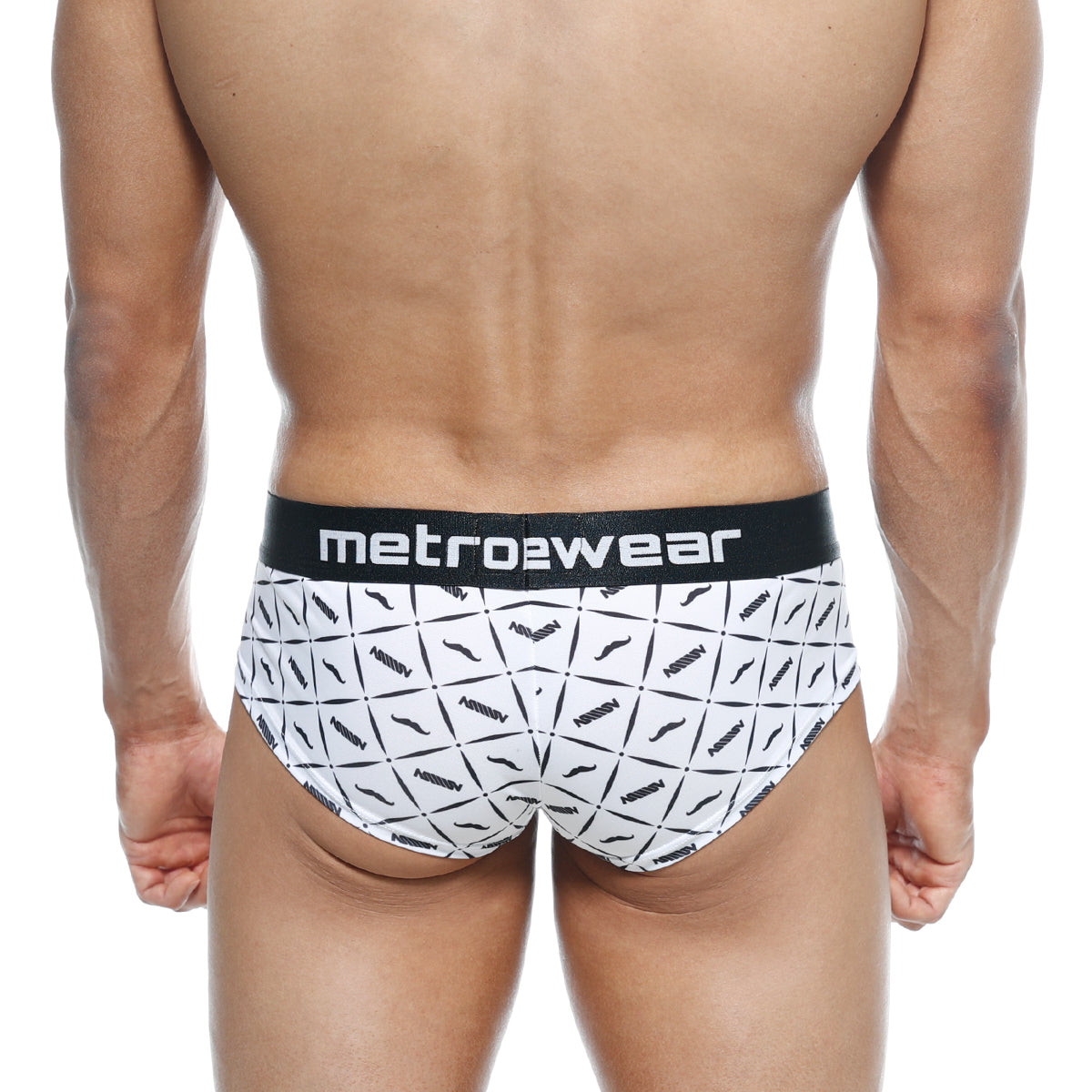 White briefs with black mustache pattern and metrowear waistband from metromalewear mini cheek boxer caballero 2025-04