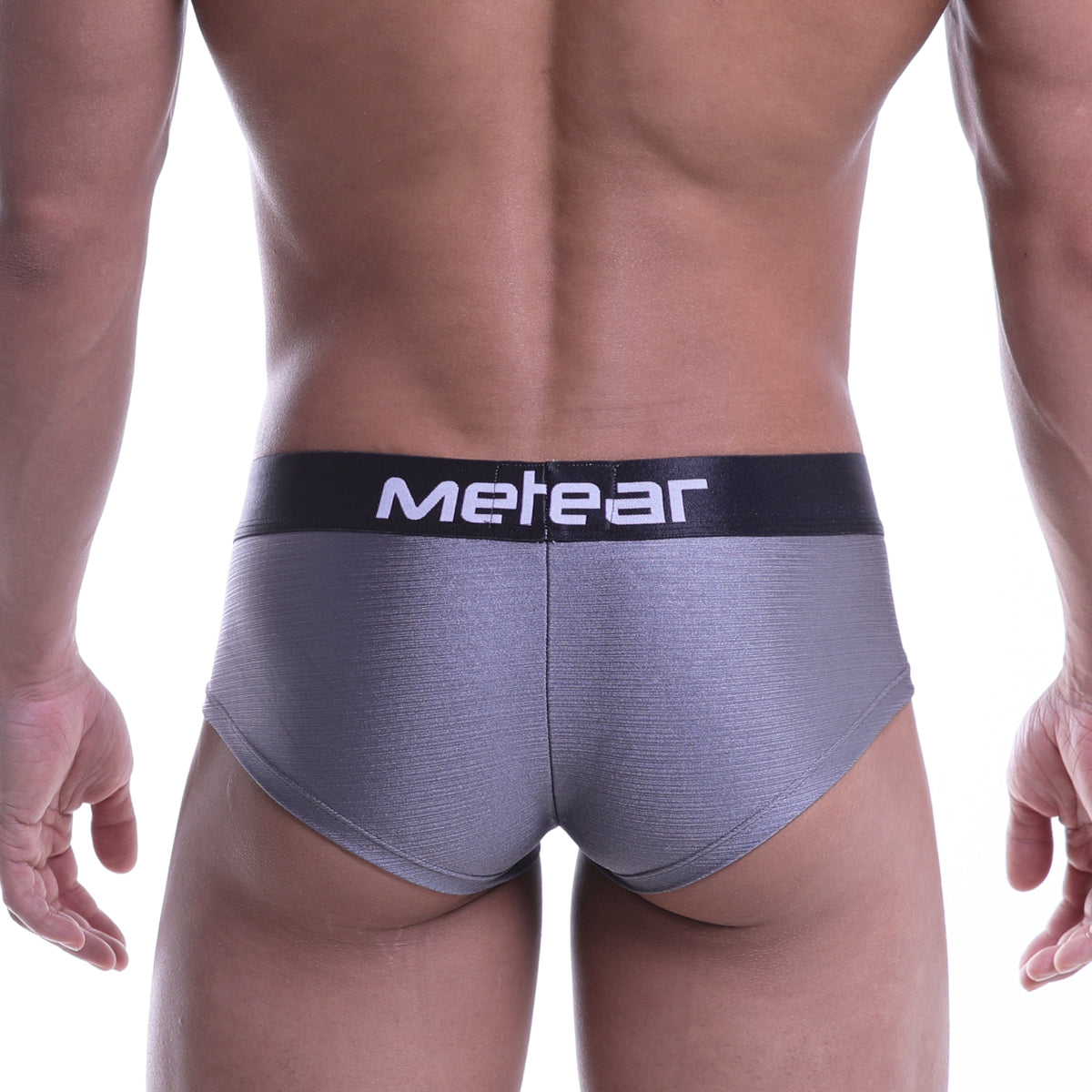 Gray metallic textured briefs with black waistband and metear logo by metromalewear mini cheek boxer metal gray 2025 09