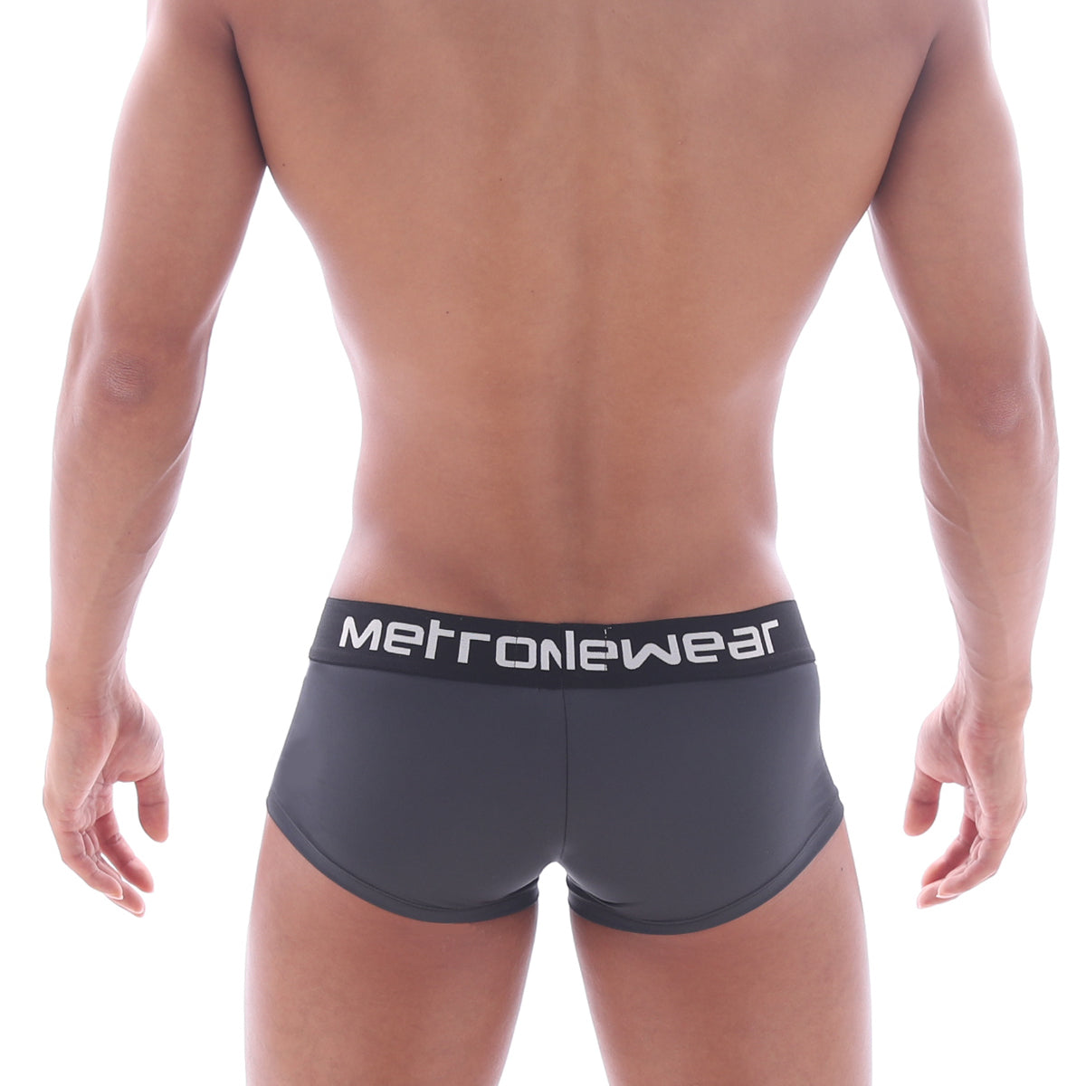 Dark gray metronewear mini cheek boxer briefs with black waistband and white lettering for men twilight 2025 11 model