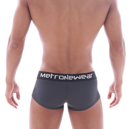 Dark gray metronewear mini cheek boxer briefs with black waistband and white lettering for men twilight 2025 11 model