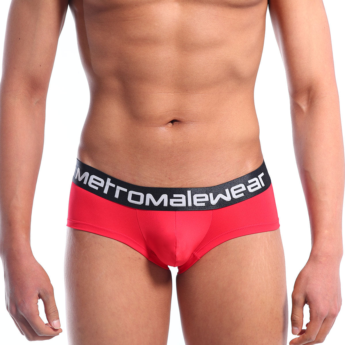 Red mens briefs mini cheek boxer with black elastic waistband and metromalewear logo in white lettering valentine red