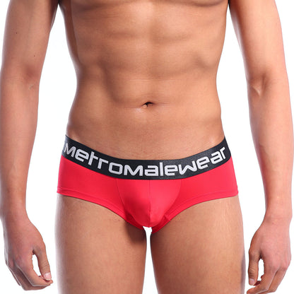 Red mens briefs mini cheek boxer with black elastic waistband and metromalewear logo in white lettering valentine red