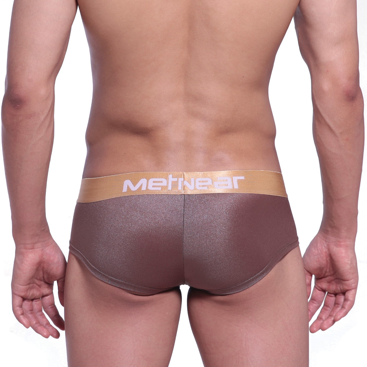 Brown metallic-textured men’s briefs with a tan metnear waistband from metroMalewear mini cheek boxer spark gold 2025-21