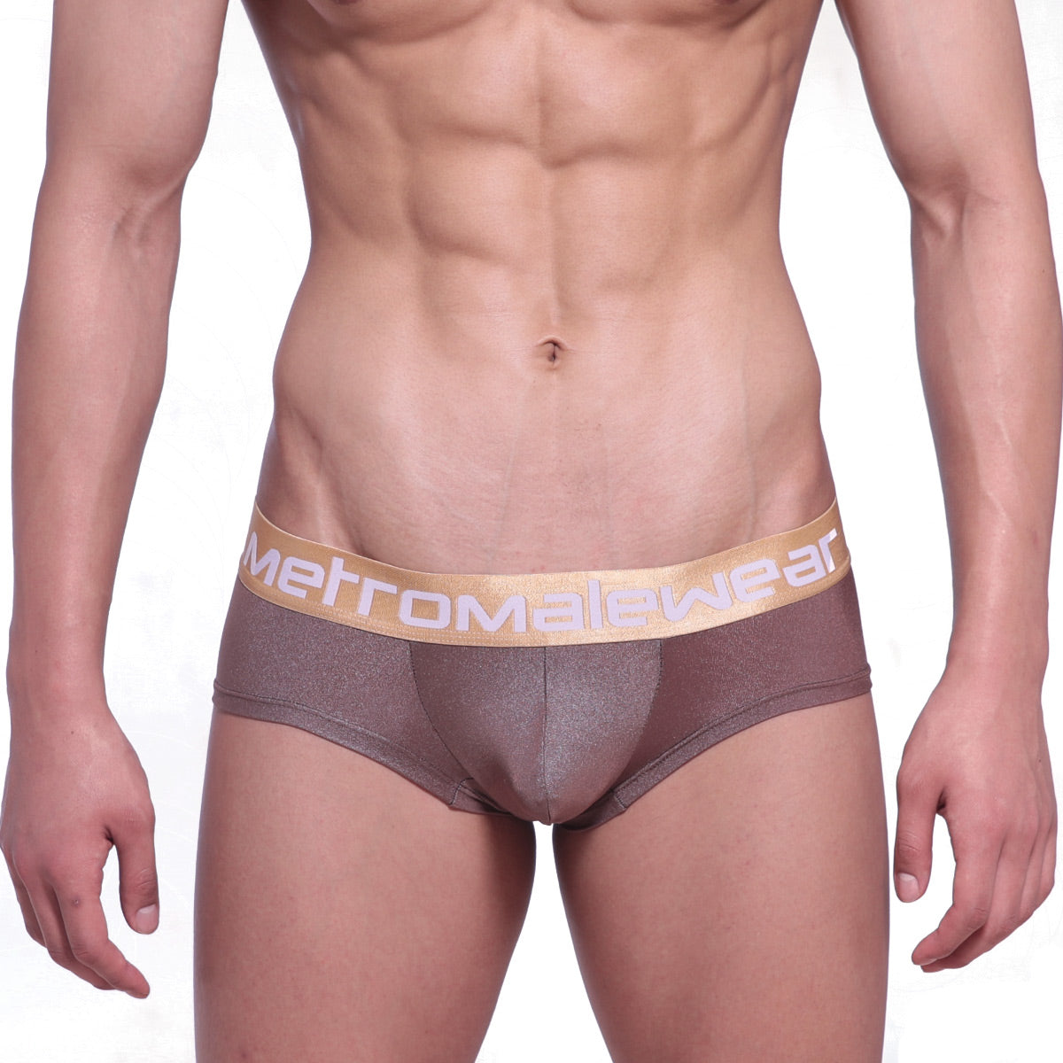 Brown metallic mini cheek boxer with gold metromalewear waistband in spark gold 2025-21 design